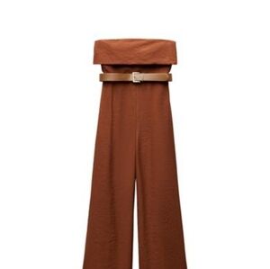 Zara Wide Elegant Brown Belted Jumpsuit